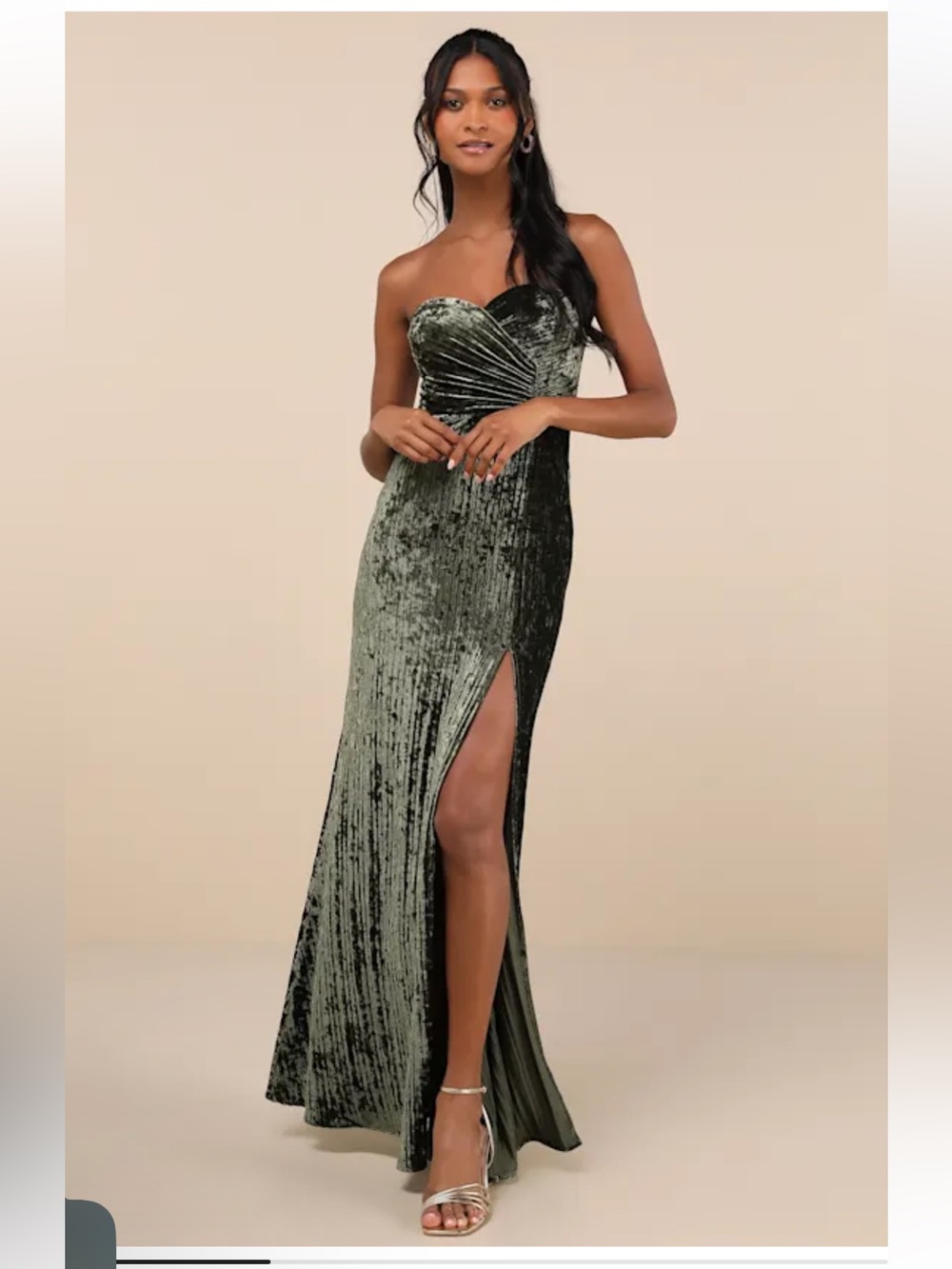 NWT Lulus Classy Sensation Olive Velvet Pleated Strapless Maxi Dress